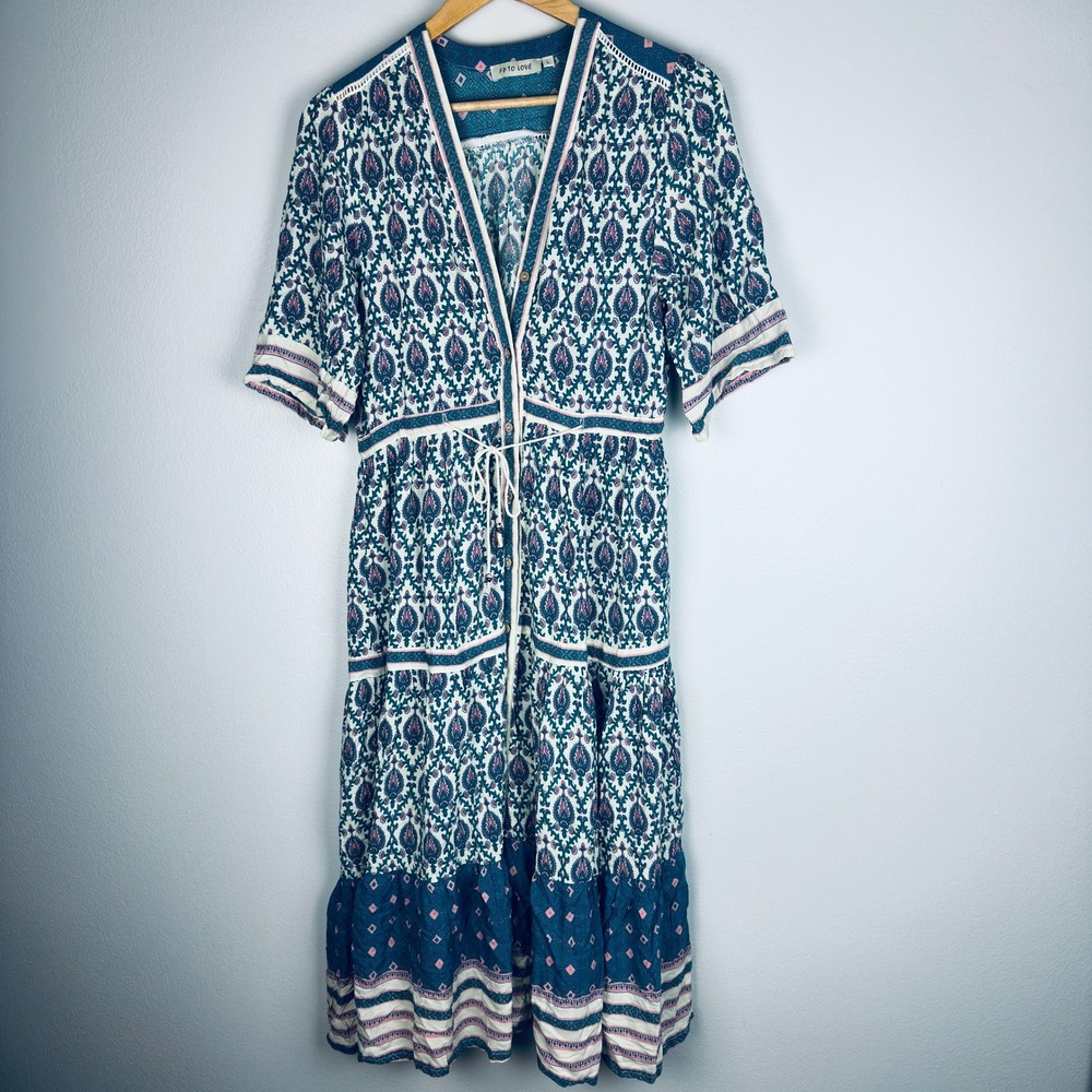 FP TO LOVE Maxi Dress Womens Large Blue Pink Excellent Boho Paisley Button Down